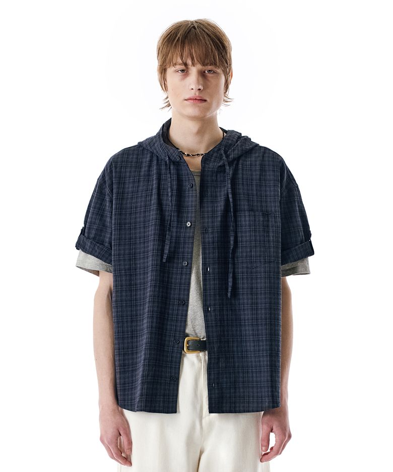 Roll-up Button Hooded Check Half Shirt [NAVY]_SESH013NAVY