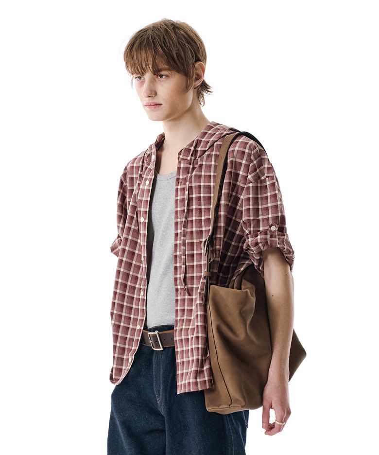 Roll-up Button Hooded Check Half Shirt [BURGUNDY]_SESH013BURGUNDY