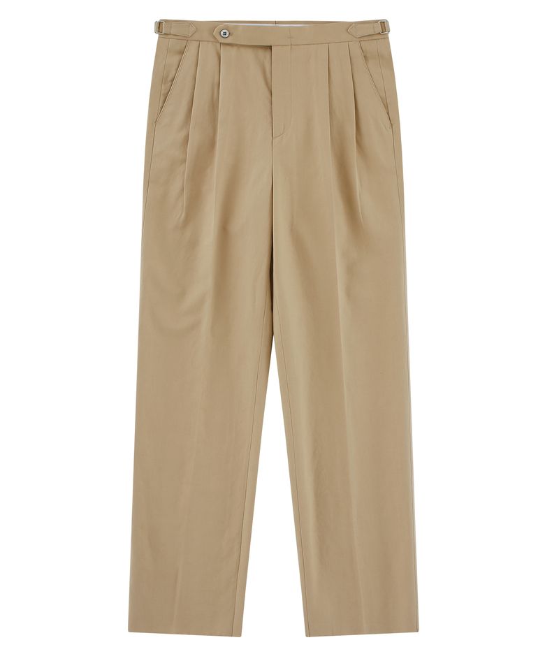 Linen / Cotton Twill adjust 2Pleats relaxed Trousers (Beige)