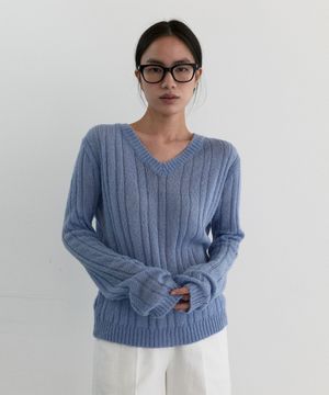시어 브이넥 니트_더스트 블루