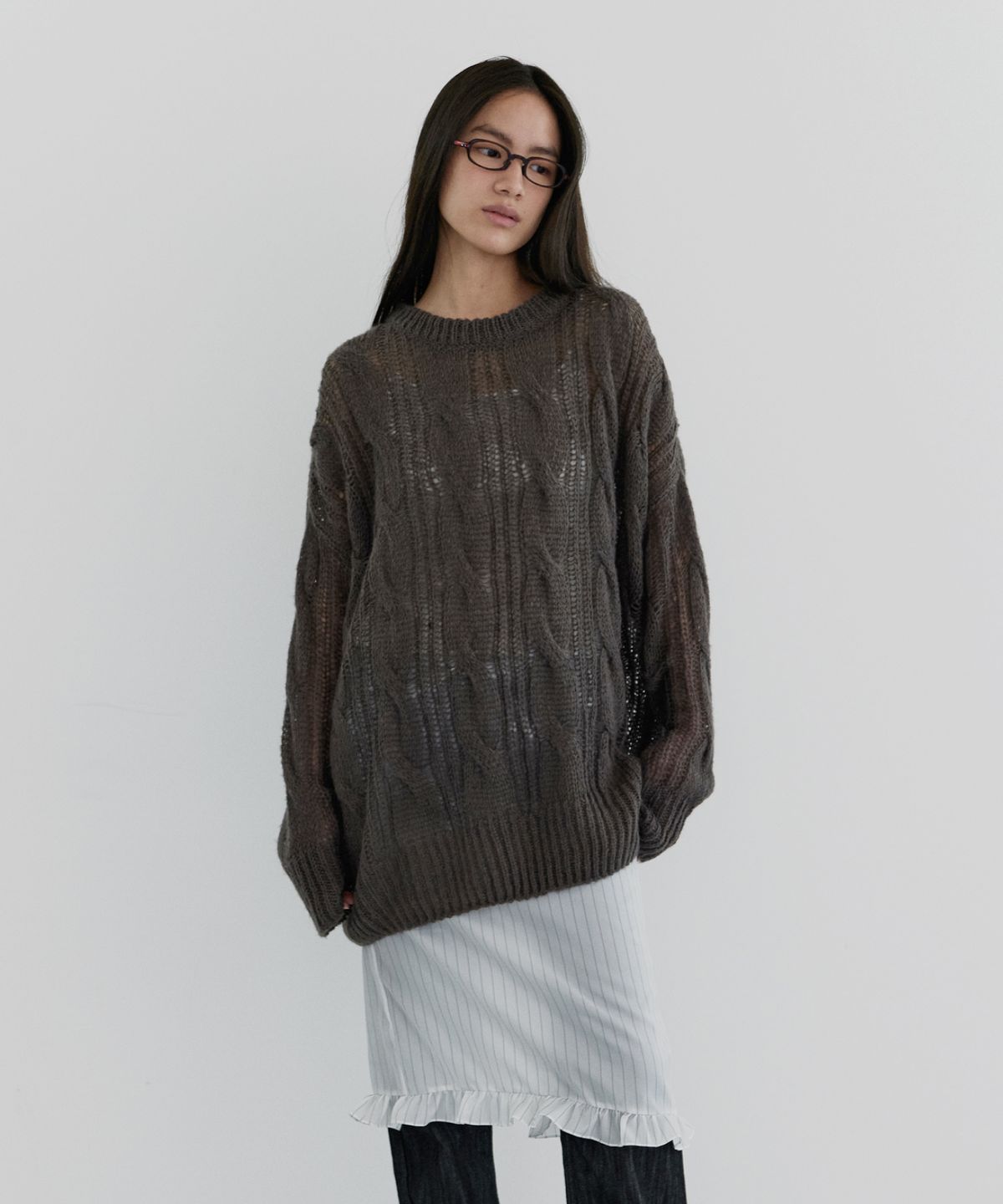 마조네(MA JOURNEE) SHEER ROUND OVER KNIT_BROWN