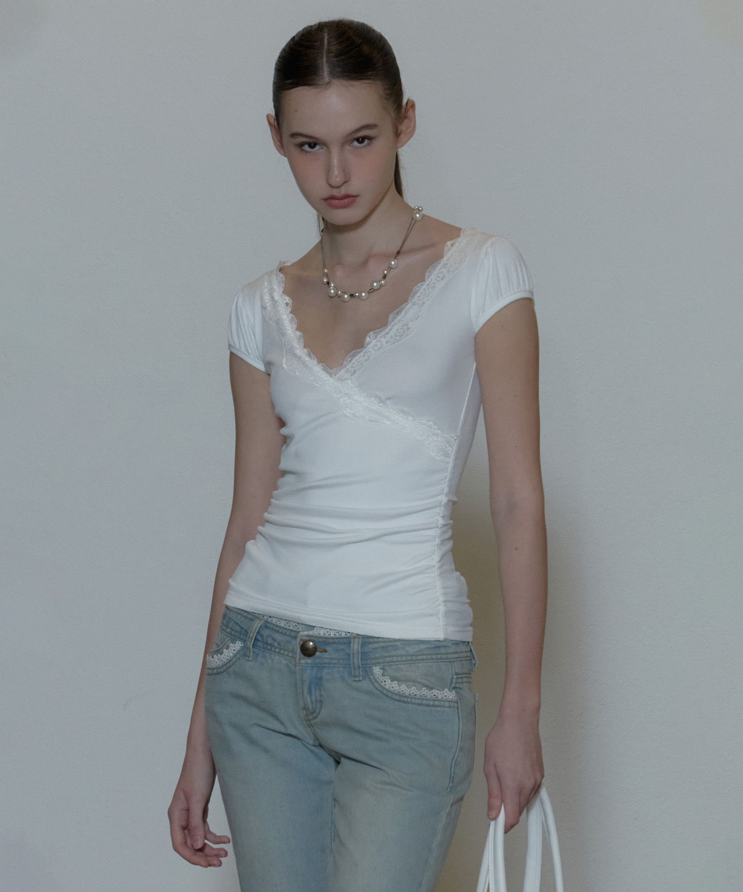 ★SCULPTOR★ Lace Trim Wrap Tee White SC24S261WH MUSINSA | SCULPTOR Lace Trim Wrap Tee White