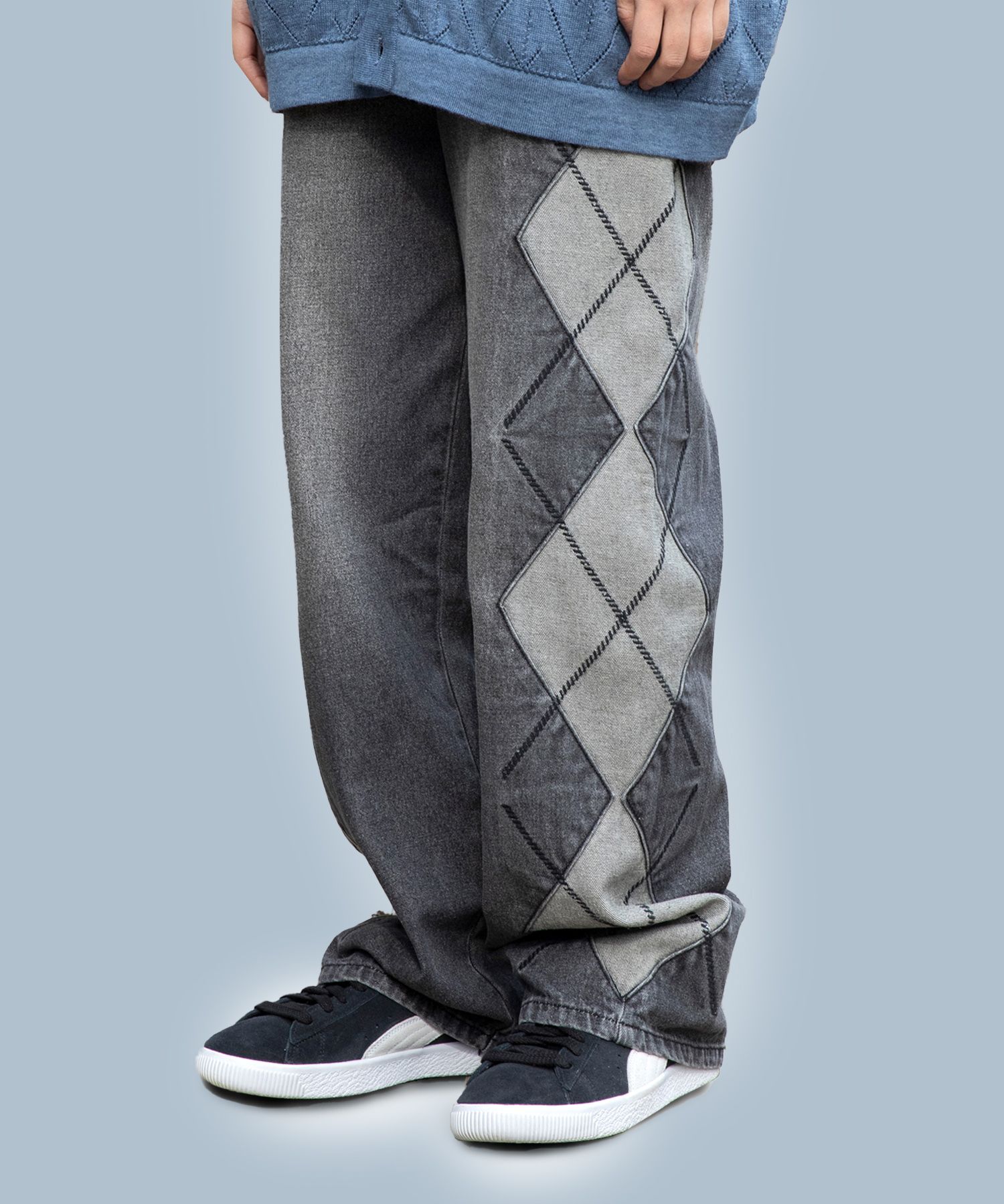 MUSINSA | XTONZ XP200 Roombus Patterned Wide Denim Pants (BLACK)