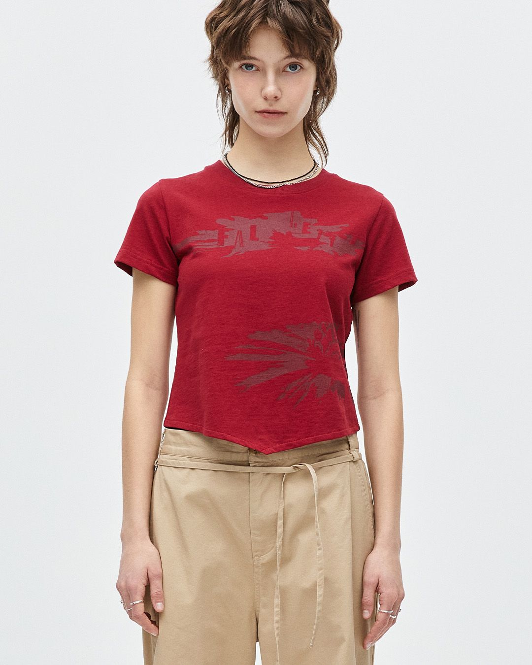 【FallettXLee】Topstitch Crop Short Sleeve Tee Factory: Flutter-sleeve Tee In Clipdot For Women