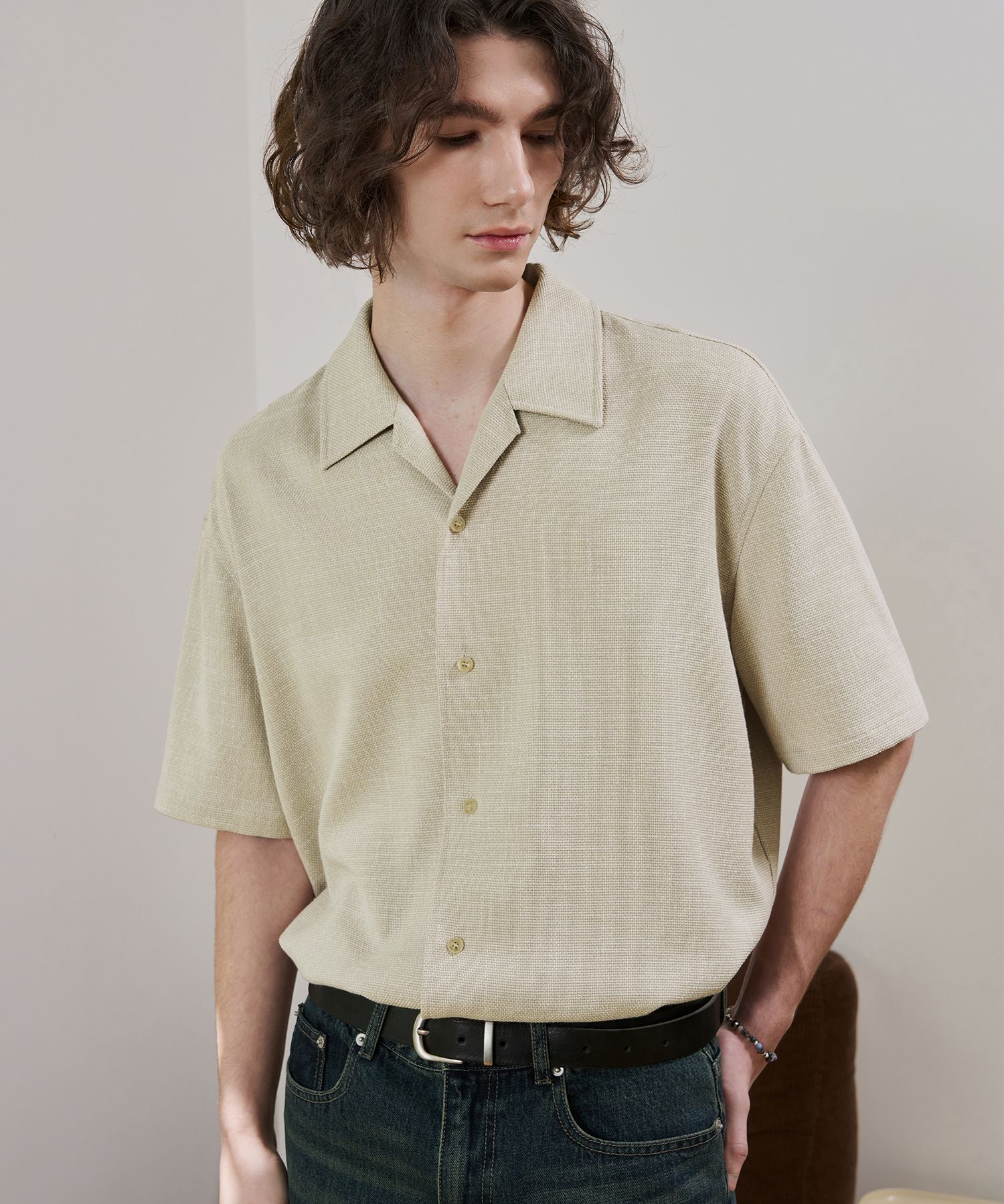 ★DRAW FIT★ Dwell Open Collar Waffle Shirt [BLACK] OAS Camp Collar Waffle Shirt - Nearly Black | Short Sleeve