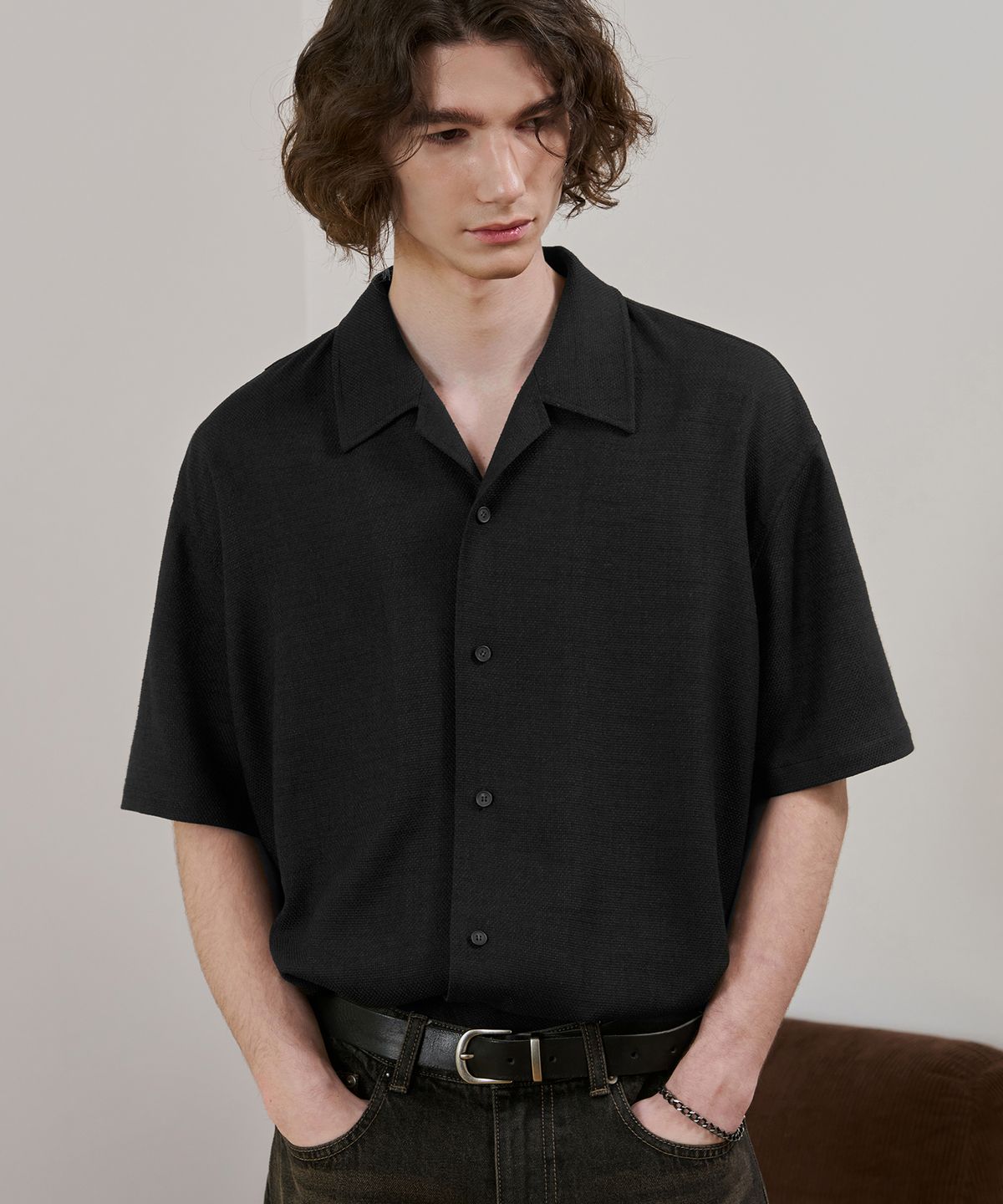 드로우핏(DRAW FIT) 드웰 오픈카라 와플 셔츠 [BLACK]