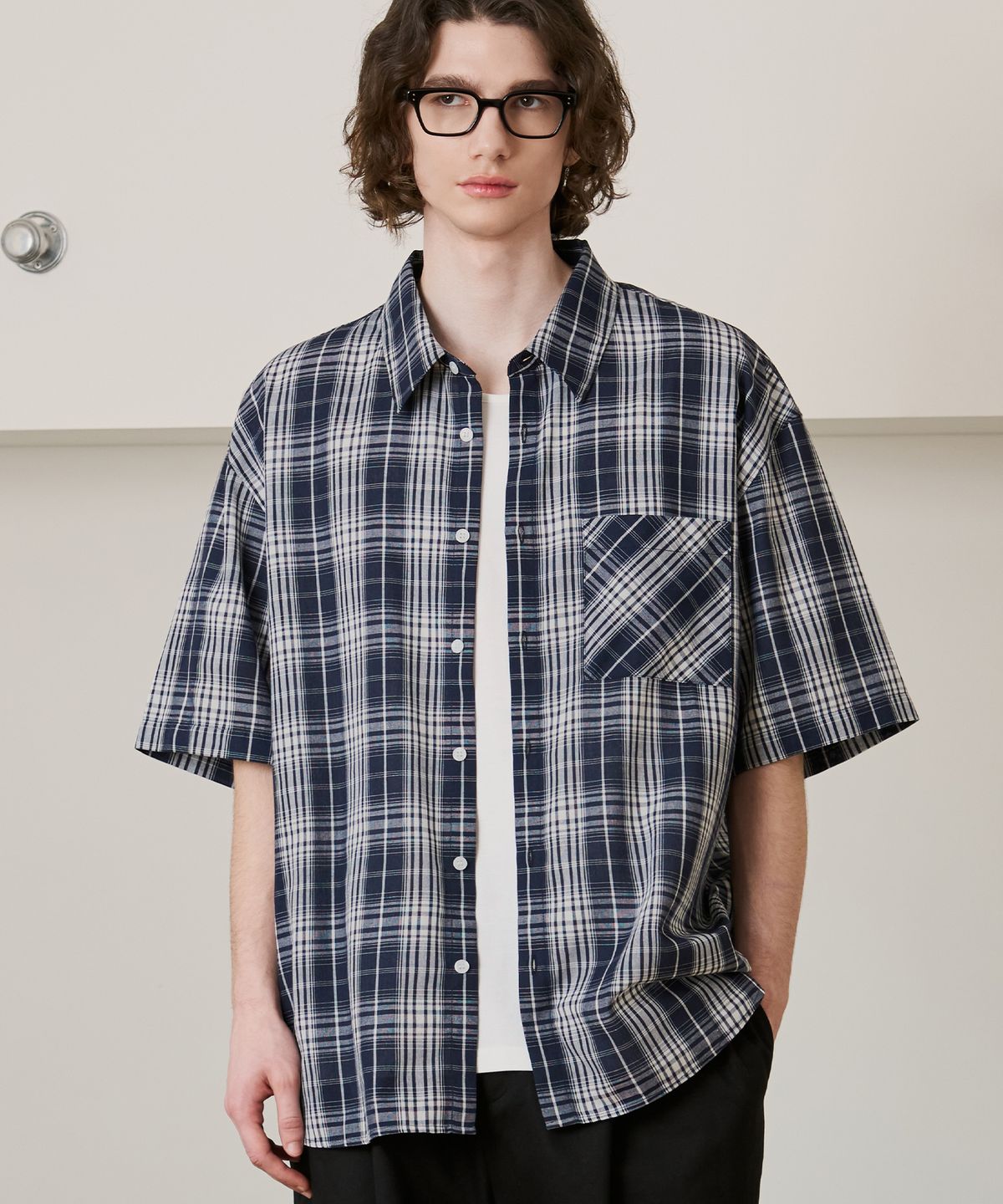 드로우핏(DRAW FIT) 스티븐 체크 하프 셔츠 [NAVY]