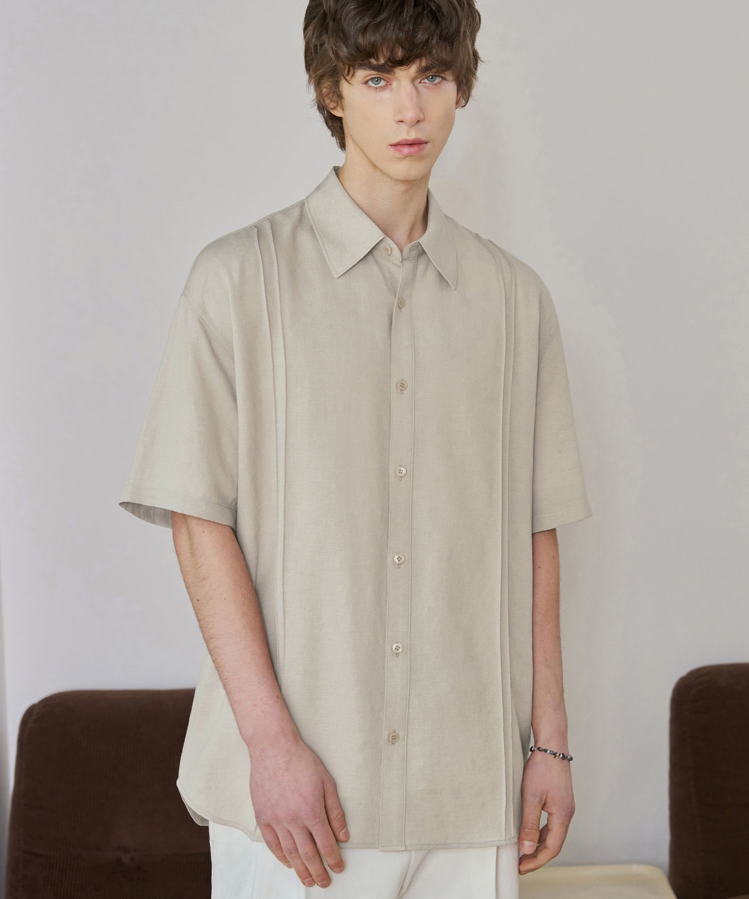 MUSINSA | DRAW FIT Refined Pintuck Linen Short-Sleeved Shirt [OATMEAL]
