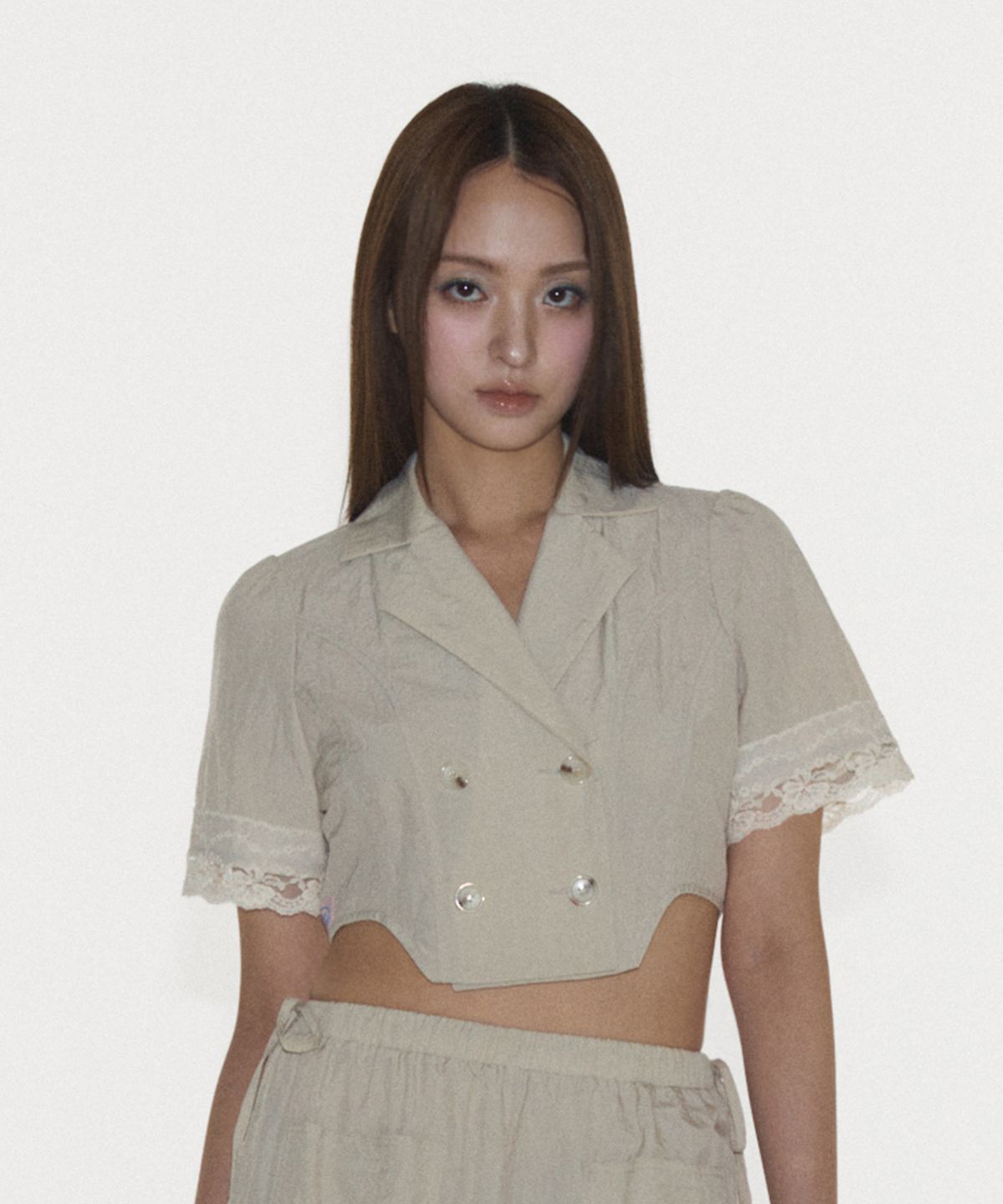플라즈마스페어(PLASMA SPHERE) CURVE SHIRT IN BEIGE (레이스 더블자켓)