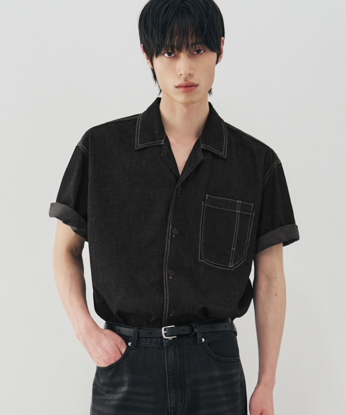 드로우핏(DRAW FIT) 언로더 오픈카라 린넨 데님 셔츠 [BLACK]