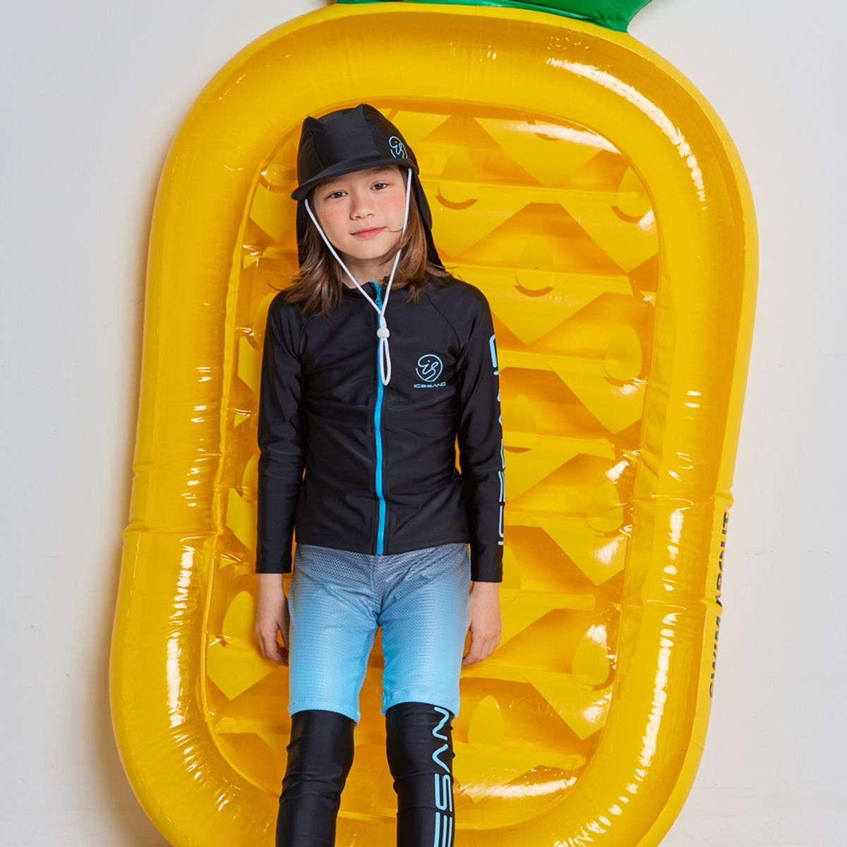 아이스샌드(ICESAND) 키즈 아동  주니어 집업래쉬가드 이중반바지 플랩캡 세트 BR-533108