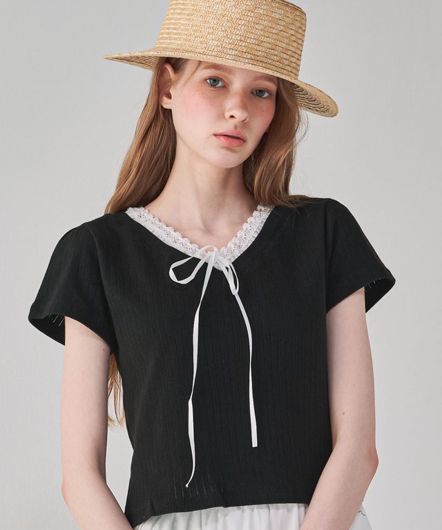 Tシャツ・カットソー RONRON STRING RIBBON LACE V NECK SLIM CROP T SHIRT EYELET WH MUSINSA | RONRON STRING RIBBON LACE V NECK SLIM CROP T SHIRT