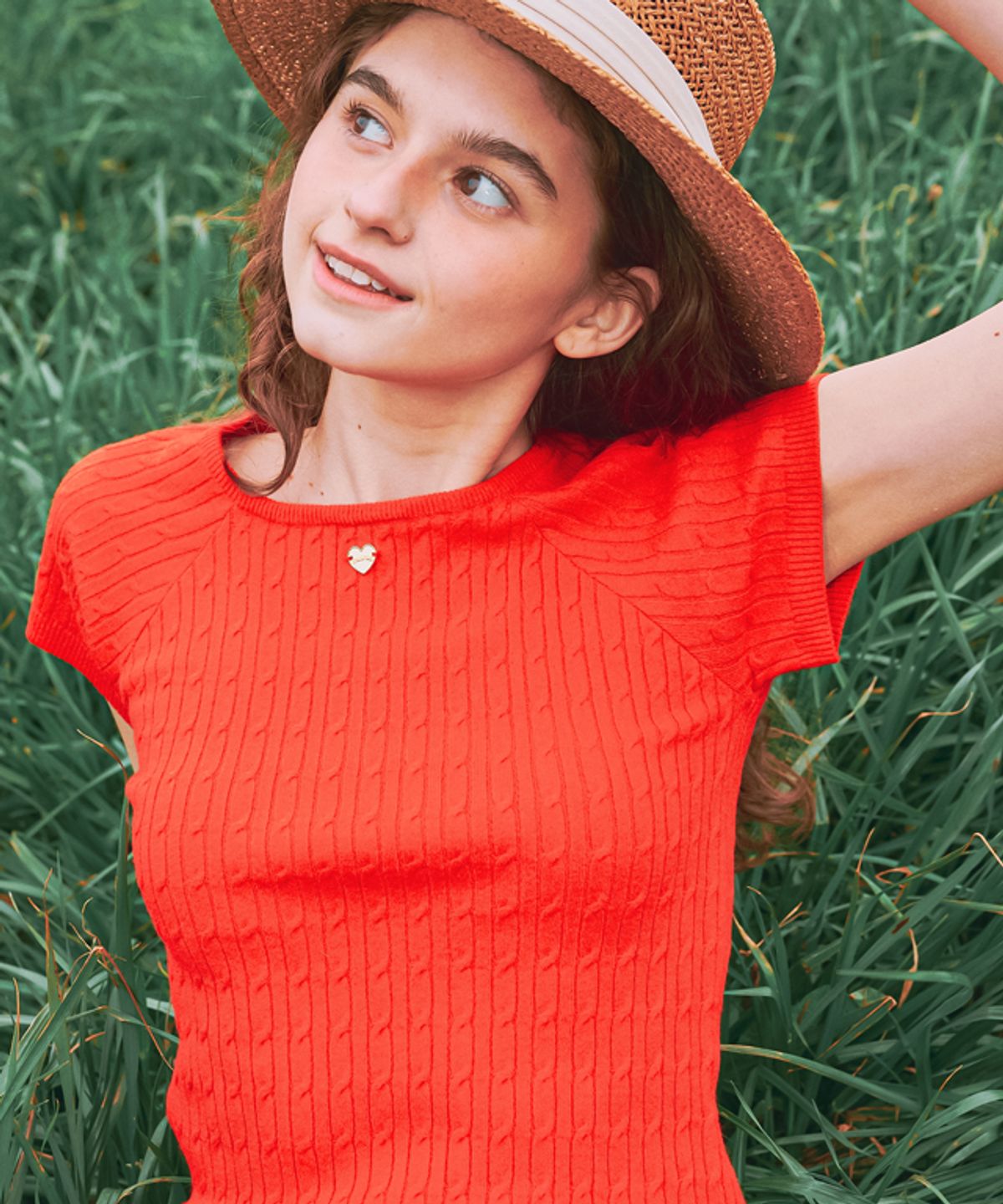 론론(RONRON) SQUARE NECK CABLE SHORT SLEEVE KNIT RED