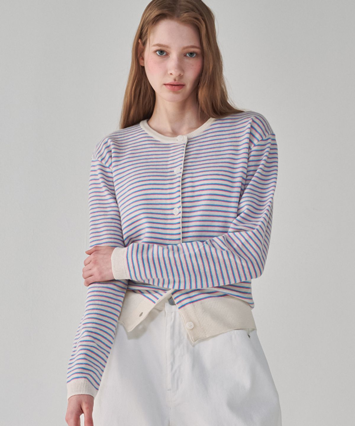 론론(RONRON) MULTI STRIPE KNIT CARDIGAN BLUE PINK