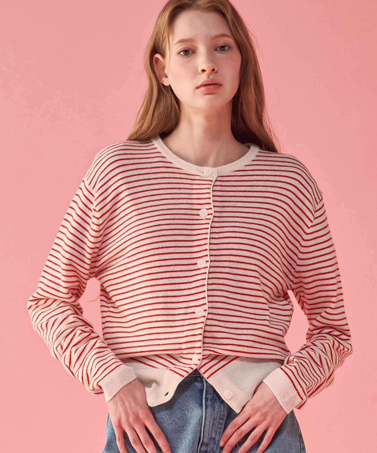 론론(RONRON) MULTI STRIPE KNIT CARDIGAN RED BUTTER