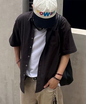 [M~4XL] 올데이 린넨 오버핏 반팔 셔츠_차콜