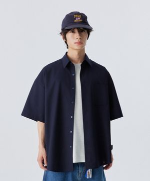 [M~4XL] 올데이 린넨 오버핏 반팔 셔츠_네이비