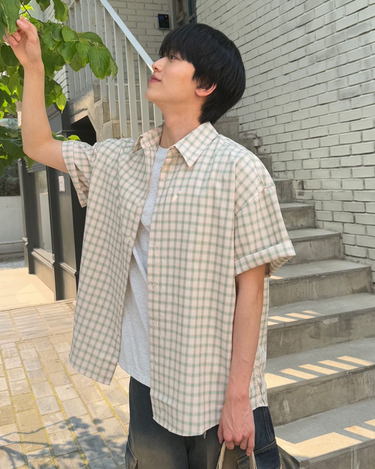 스탠즈(STENDS) [M~4XL] 올데이 체크 오버핏 반팔 셔츠_ST02 핑크