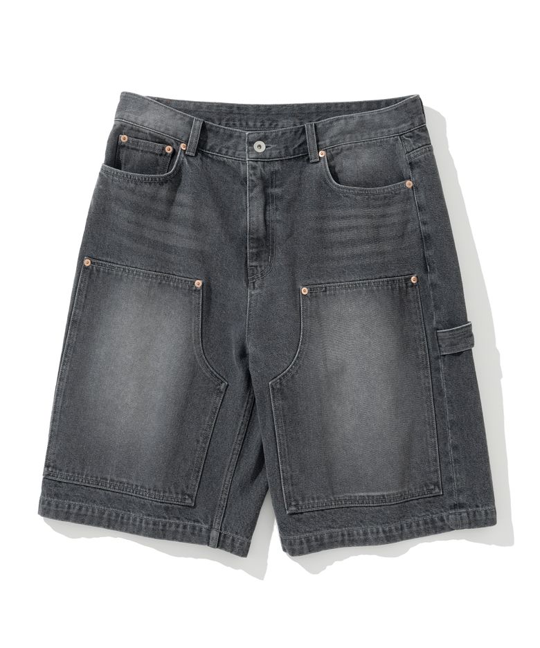 double knee denim short pants 12oz black washed