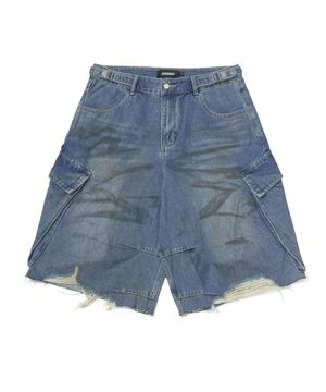 Dirty wide bermuda pants_Denim blue