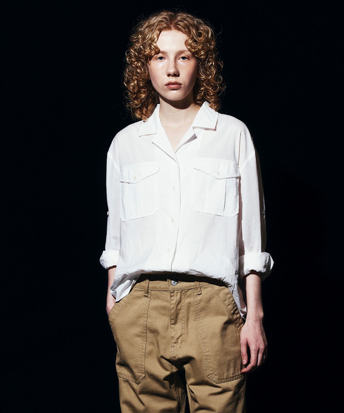 유니폼브릿지(UNIFORM BRIDGE) open collar roll-up shirt(womens) ivory