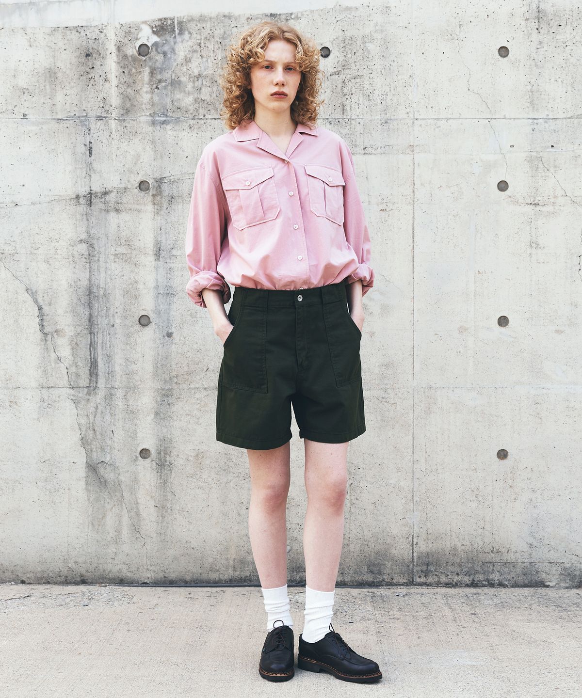 유니폼브릿지(UNIFORM BRIDGE) open collar roll-up shirt(womens) pink