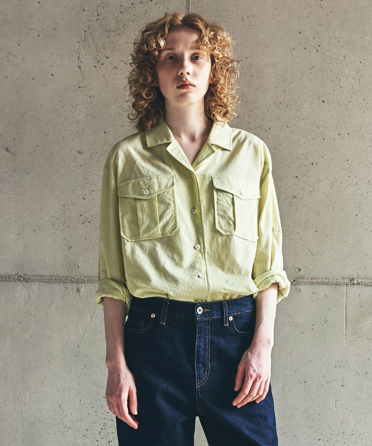 유니폼브릿지(UNIFORM BRIDGE) open collar roll-up shirt(womens) lime