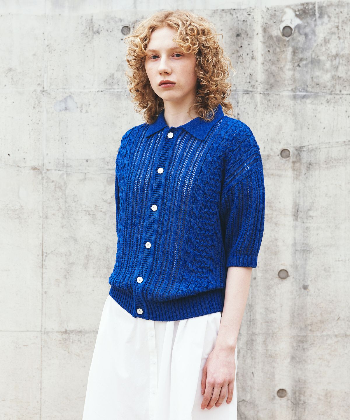 유니폼브릿지(UNIFORM BRIDGE) crochet s/s knit cardigan(womens) blue