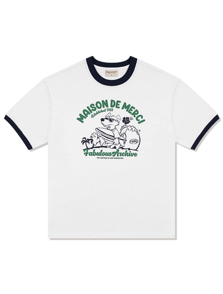 UNISEX 오버핏 퍼피서핑 링거 반소매 티셔츠 화이트(FCE2TS401M)