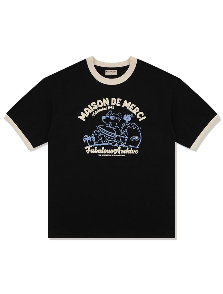 UNISEX 오버핏 퍼피서핑 링거 반소매 티셔츠 블랙(FCE2TS401M)