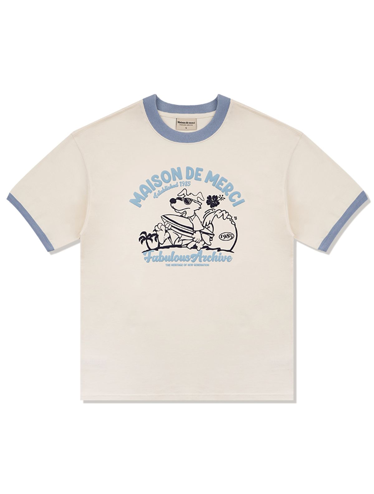 라 메종 스튜디오(LA MAISON STUDIO) UNISEX 오버핏 퍼피서핑 링거 반소매 티셔츠 크림(FCE2TS401M)