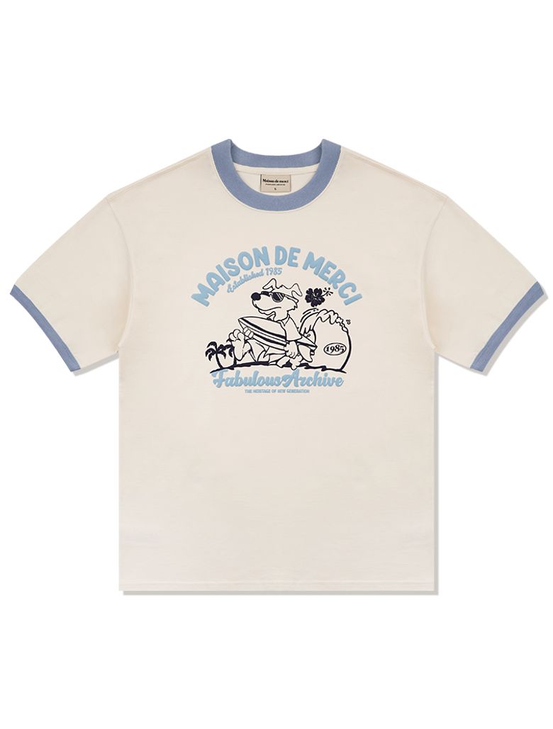 UNISEX 오버핏 퍼피서핑 링거 반소매 티셔츠 크림(FCE2TS401M)