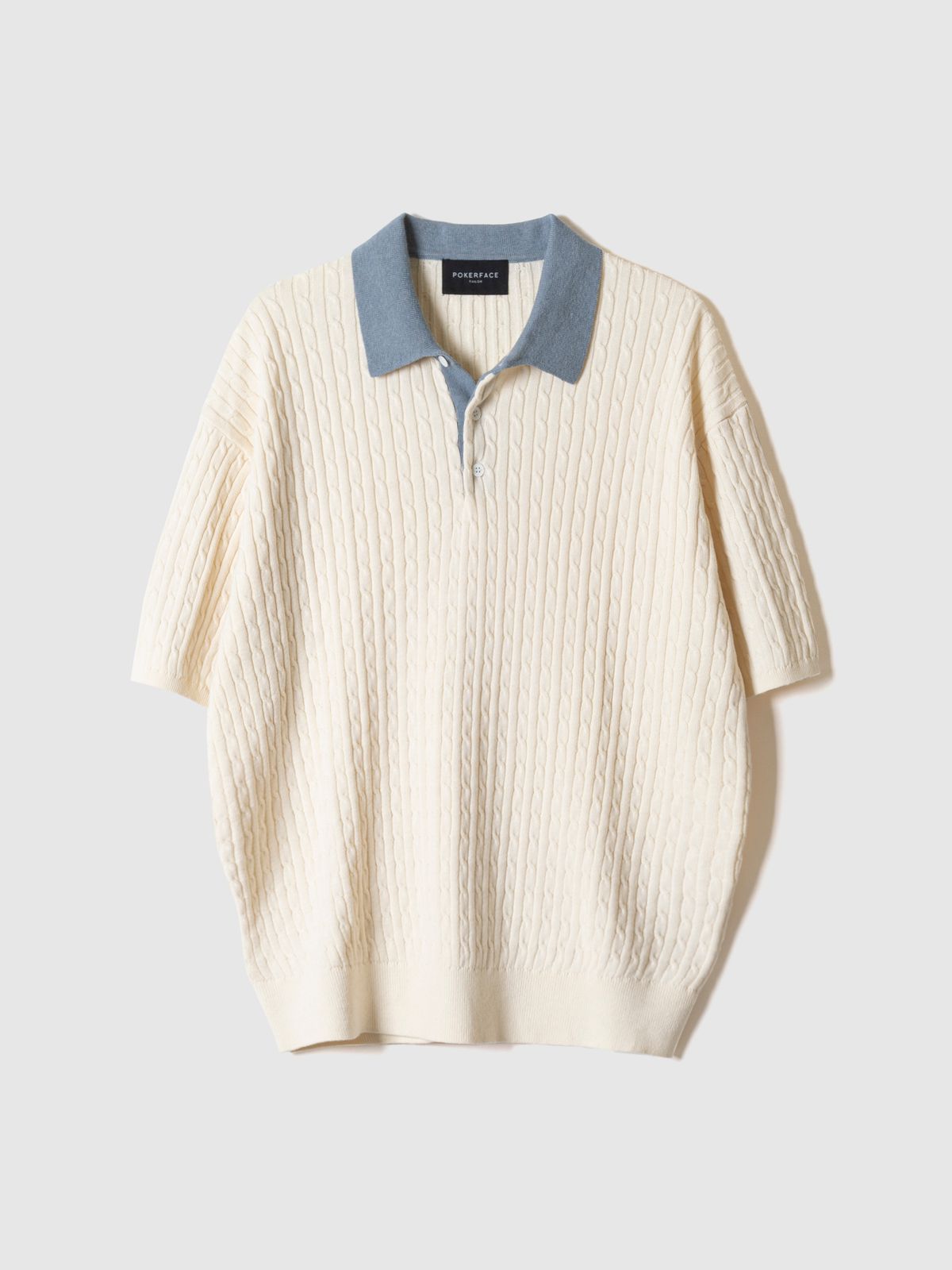 포커페이스(POKERFACE) CABLE RUGBY HALF SLEEVE KNIT IVORY/SODA