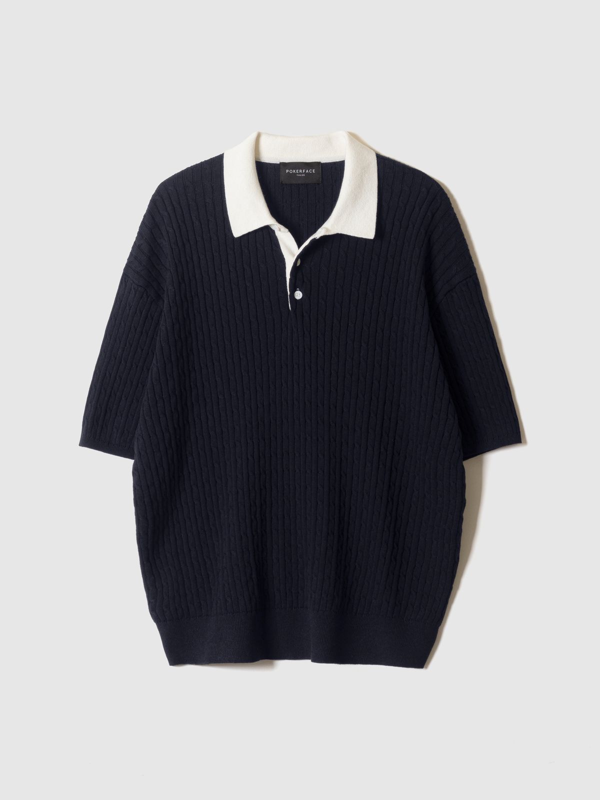포커페이스(POKERFACE) CABLE RUGBY HALF SLEEVE KNIT NAVY