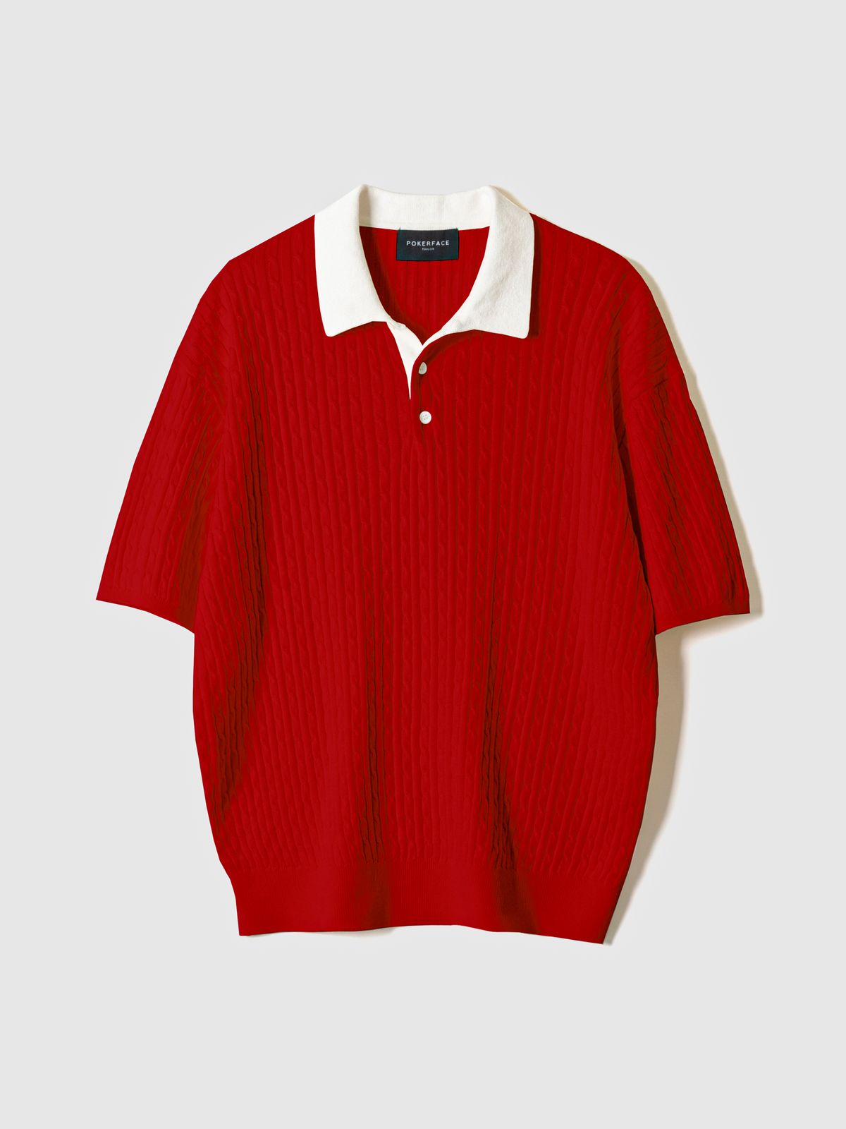 포커페이스(POKERFACE) CABLE RUGBY HALF SLEEVE KNIT RED