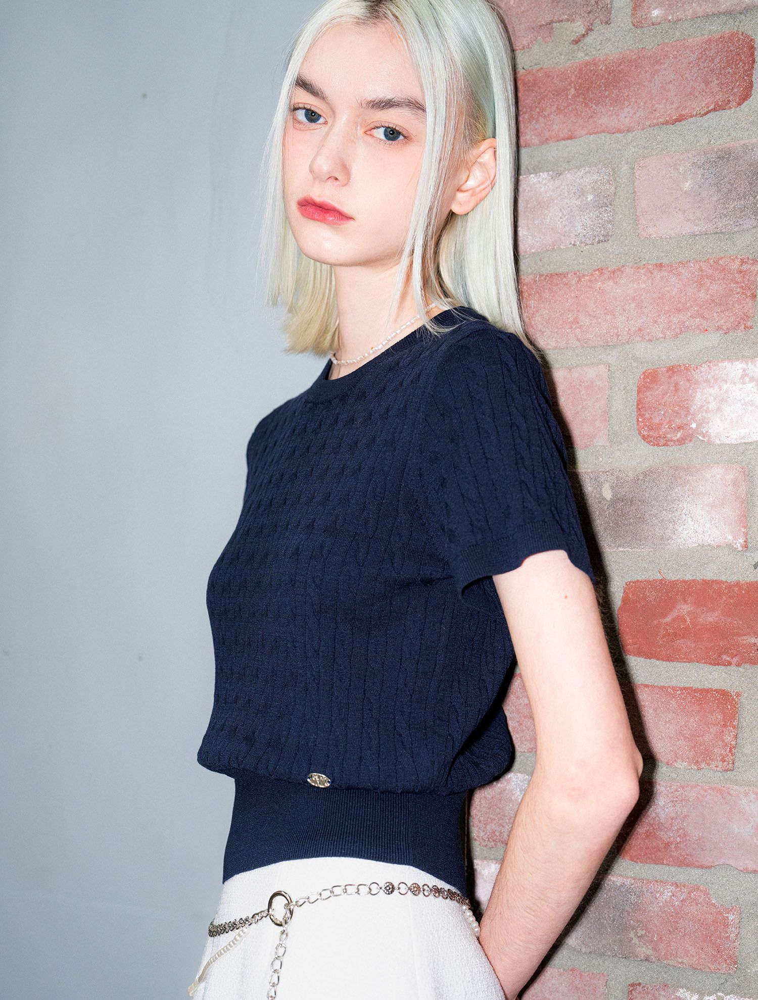 MUSINSA | GENERAL IDEA Tencel cable half knitwear [NAVY
