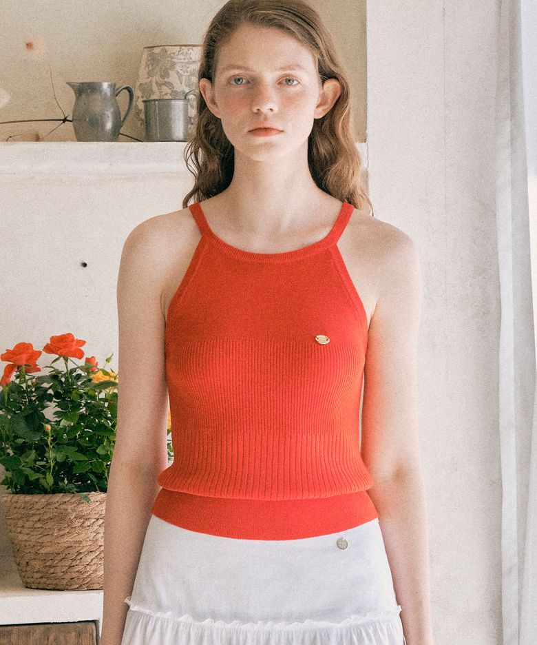 LOGO HALTER NECK KNIT SLEEVELESS RED