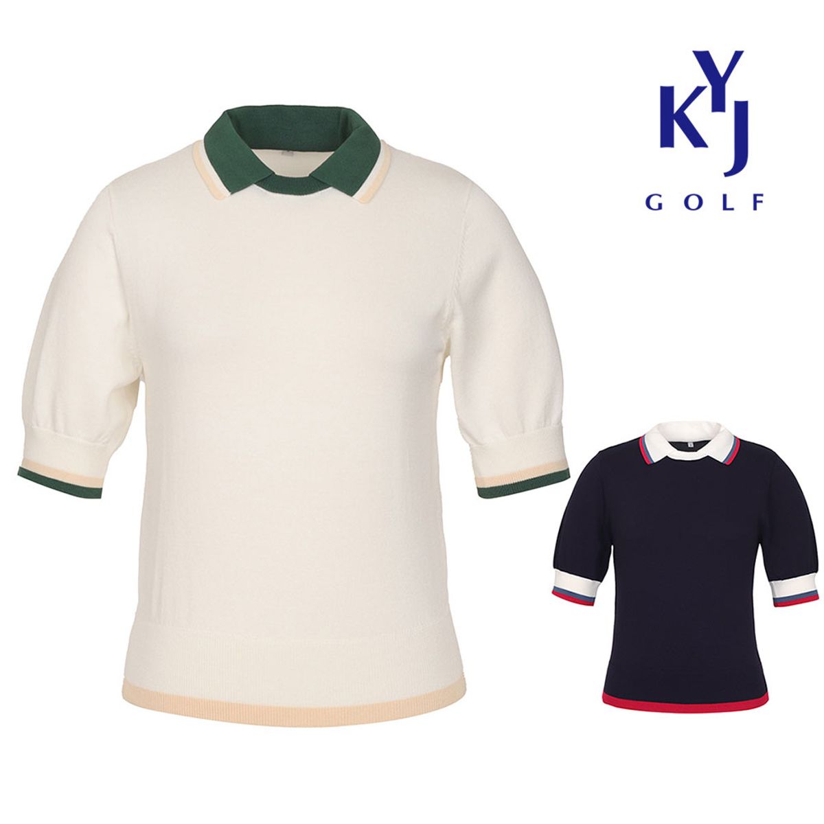 김영주 골프(KIM YOUNG JOO GOLF) 여름 니트 우들카라 세미 크롭 쿨링 여성 골프 반팔티셔츠 DOMLNT32