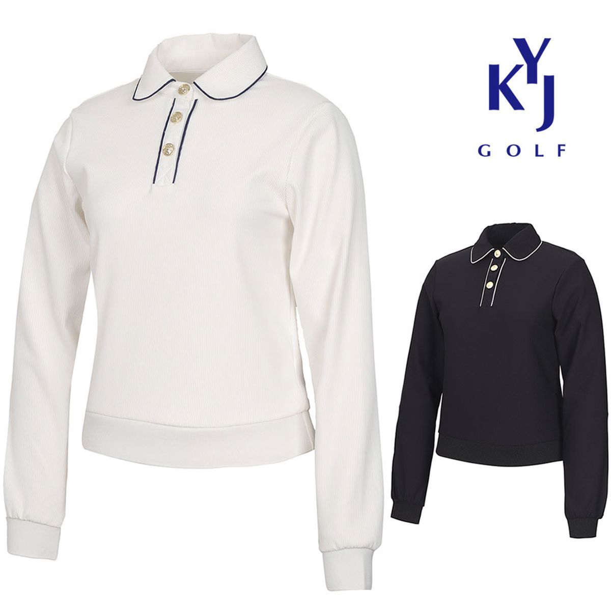 김영주 골프(KIM YOUNG JOO GOLF) 봄가을 골드버튼 라인 사방스판 여성 골프 카라 티셔츠 DOSLTS29