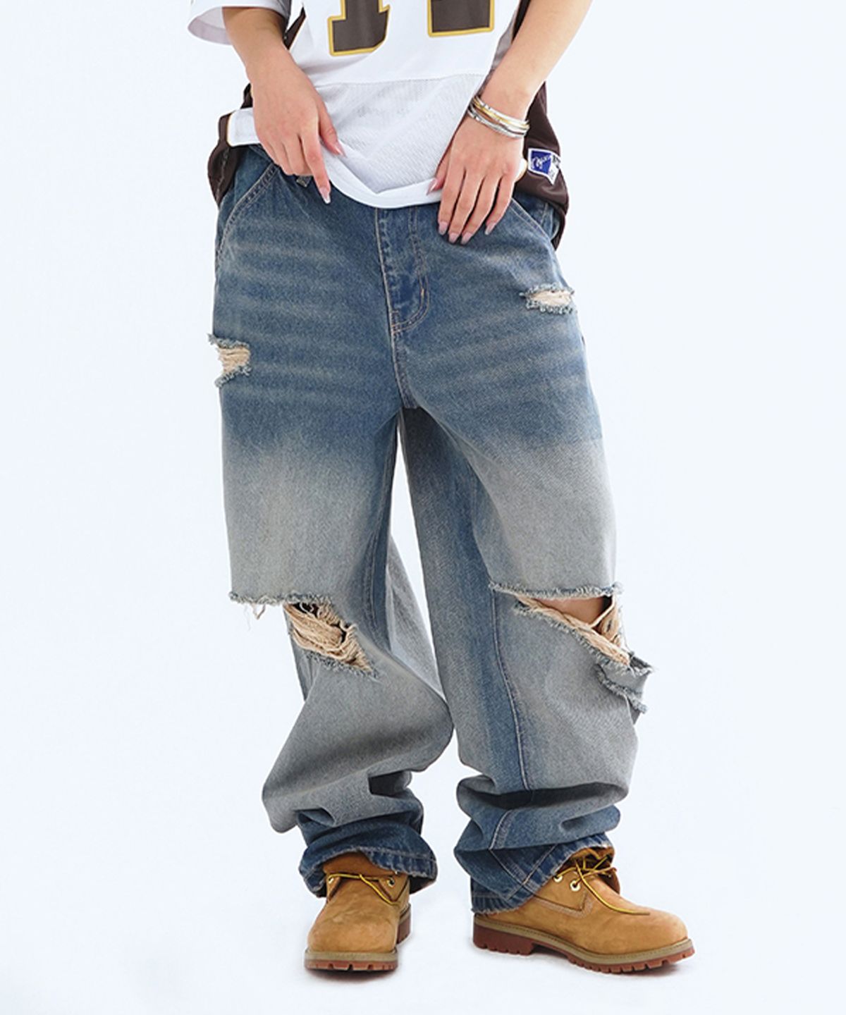 엔와이엑스엑스(NYXX) DESTROYED WASHED DENIM PANTS ASH BLUE