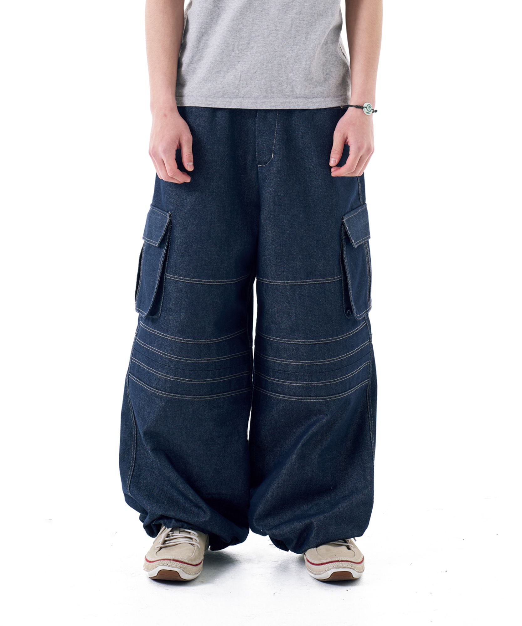 MUSINSA | AAKAM Stitched Denim Wide Cargo Pants (Blue)