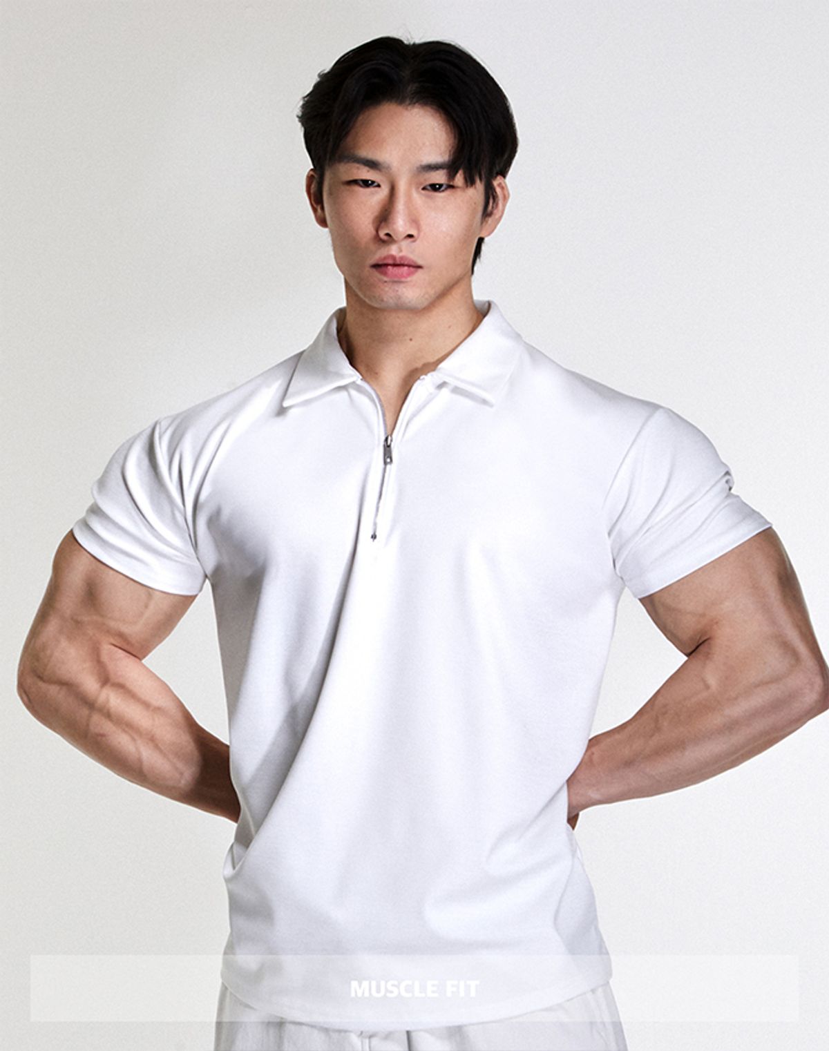알브이디(RVD) 와이드숄더 하프집업 머슬핏 폴로셔츠 (스노우화이트)