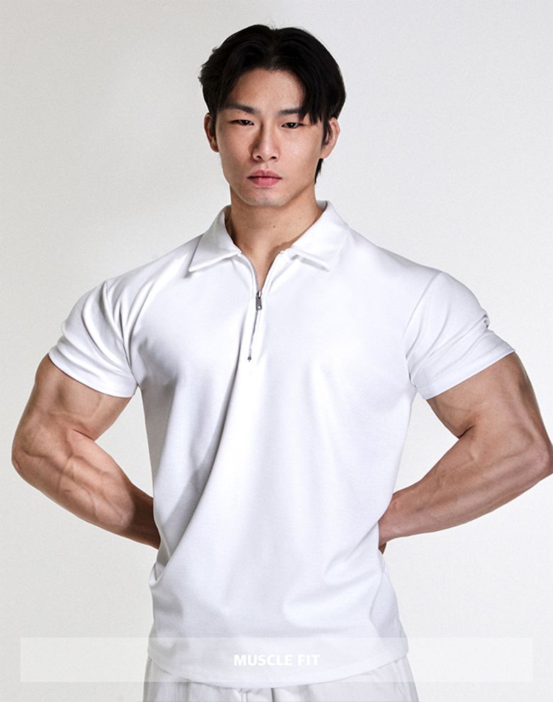 와이드숄더 하프집업 머슬핏 폴로셔츠 (스노우화이트)