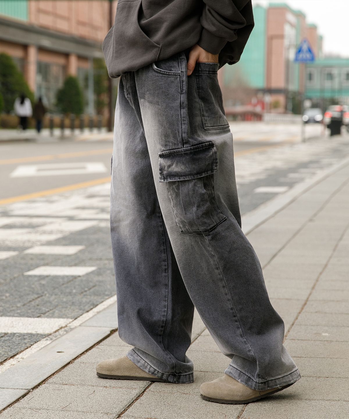 러기드하우스(RUGGED HOUSE) 브리즈 워싱 카고 와이드 데님 팬츠 블랙