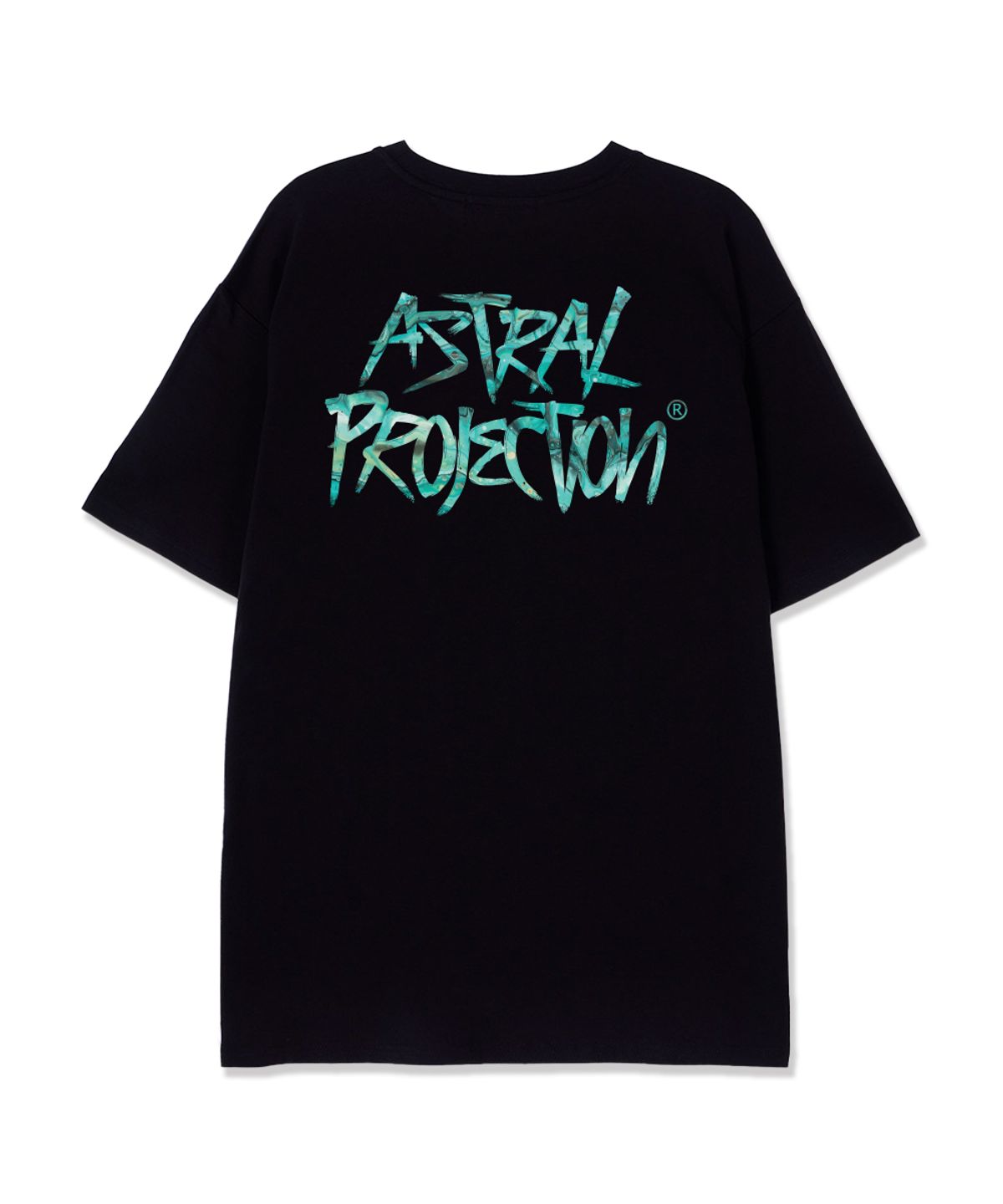 아스트랄 프로젝션(ASTRAL PROJECTION) 터콰이즈 그래피티 레터링 수피마 코튼 라운드 넥 반팔 티셔츠_블랙