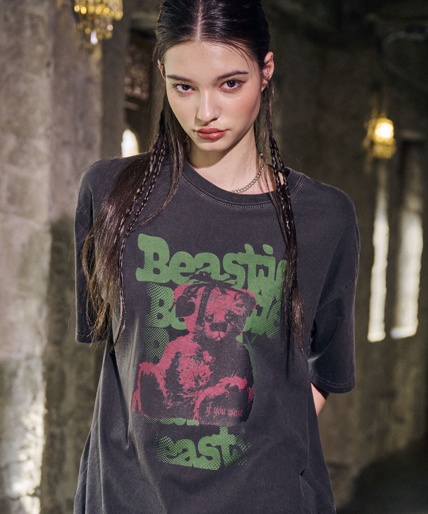 【IFYOUWANT】Distorted pigment TEE MUSINSA | IFYOUWANT Grumpy Teddy pigment TEE smoke black
