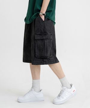 버뮤다 와이드 원턱 카고 데님 쇼츠 [흑청]