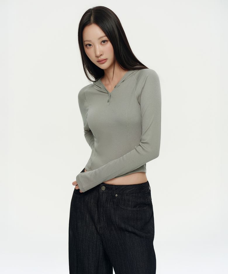 우먼즈 리브드 슬림 후디드 긴소매 티셔츠 [카키 그레이]