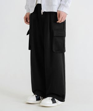 원턱 와이드 카고 스웨트 팬츠 [블랙]