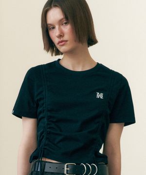 프런트 셔링 스트링 세미 크롭 티셔츠 BK